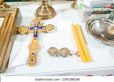 Holy water and oil for unction in a Catholic Church. Baptism oil in a vintage church box.