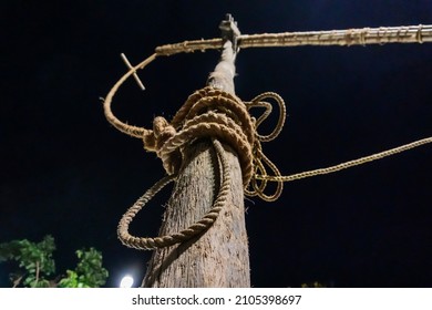 Holy Wood Being Erected At Night Of Full Moon During Gajan And Charak Puja - A Hindu Festival. Lord Shiva, Neel And Dharmathakur Are Worshipped By Worshipping This Wood. At Howrah, West Bengal, India.