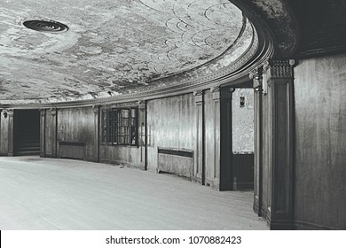 Holyoke, MA/USA- April 14, 2018: A Horizontal High Definition Black And White Image Of The Second Floor Mezzanine Of An Iconic Abandoned Urban Theater.