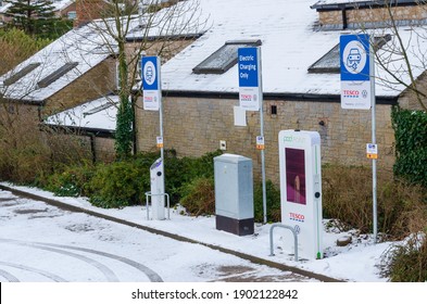 Holywell, Flintshire; UK: Jan 25, 2021: The Holywell branch of a Tesco supermarket has electric vehicle charging points in the car park.