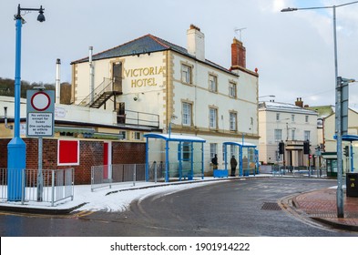 Holywell; UK: Jan 25, 2021: The North Wales Town Of Holywell Had Snow Fall Overnight. The Bus Station Was Mostly Clear By Mid Morning.