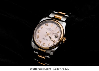 Holywood, Co Down, Northern Ireland. 24.09.2018:  Rolex Oyster Perpetual Date Adjust.  This Swiss Watch Is A Custom Oyster With Rose Gold Bezel, Face And Roman Numerals. 