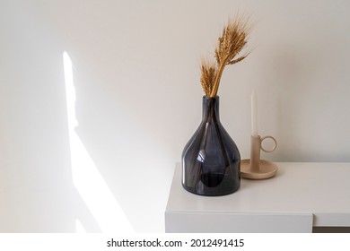 Home Accent Decor, Dark Glass Bottle, Modern Decoration, Candle Holder, Candlestick Over White Console Table
