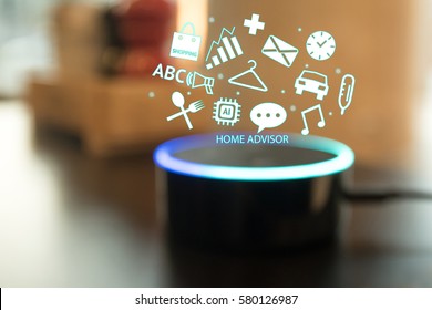 Home Advisor , Voice Recognition , Artificial Intelligence Device And Internet Of Things Concept. Technology Icons And Blur Kitchen Background.