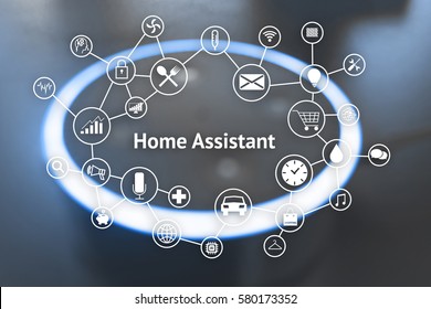 Home Advisor , Voice Recognition , Artificial Intelligence Device And Internet Of Things Concept. Technology Icons And Blur Kitchen Background.