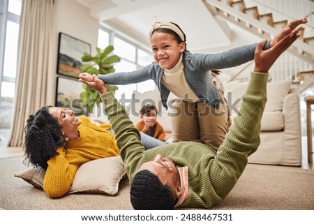 Home airplane and family on floor for playing with smile for bonding together in living room. Smile, care and children having fun with parents for connection on carpet in lounge at house in Mexico.