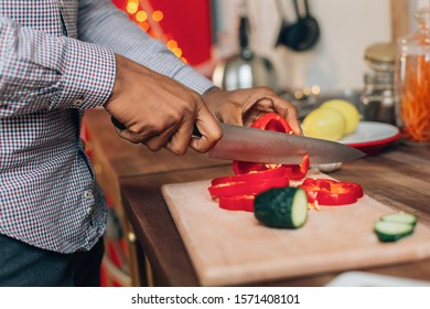 Home Alone. Black Man Cutting Vegetables, Cooking Salad For Snack, Free Space