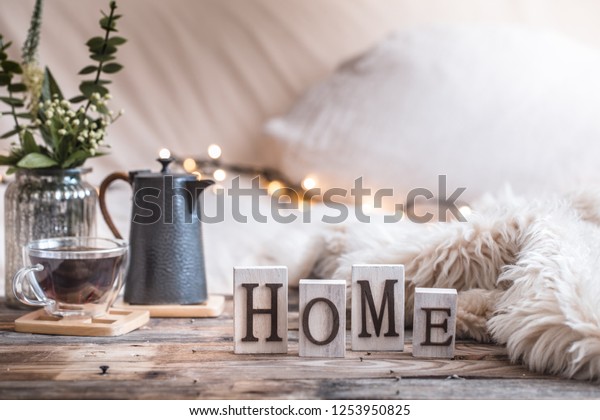 Home Atmosphere Interior Wooden Letters Home Stock Photo Edit Now 1253950825