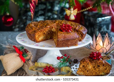 Home Baked Caramel Apple Cake Under A Christmas Tree