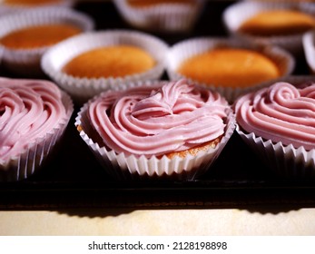 Home Baked Cupcake Decorated With Pink Frosting Close Up Shot Selective Focus 