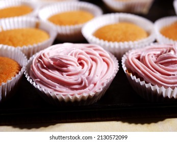 Home Baked Cupcake Decorated With Pink Frosting Close Up Shot Selective Focus 