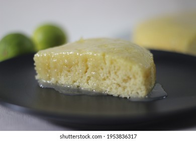 Home Baked Lemon Blonde Brownie Slices With Lemon Glaze On Top. Shot On White Background