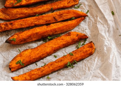 Home Baked Sweet Potato Fries, Selective Focus