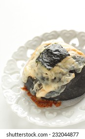 Home Bakery Squid Ink And Cheese Bread With Laver On Top For Fusion Food Image