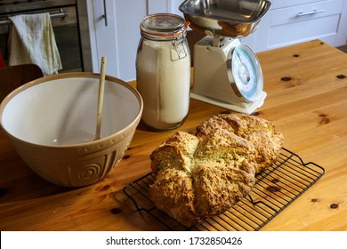 Home Baking. Traditional Irish Soda Bread In A Home Kitchen Setting.