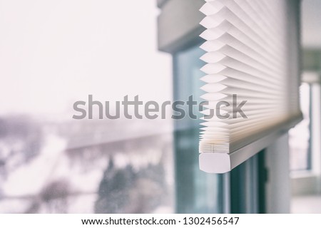 Home blinds - cordless cellular honeycomb pleated shade modern shades on apartment windows. Automated curtains blind.