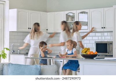 Home, busy mom and routine with kids for lunch, preparation and multitasking in morning. Kitchen counter, little girl and brother with composite, mama and getting ready for school with breakfast - Powered by Shutterstock