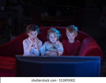 At Home By Night, Three Scared Kids Watching Tv