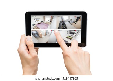 Home Camera Cctv Monitoring Monitor Smart House Video System Hand Exterior Closeup Concept - Stock Image