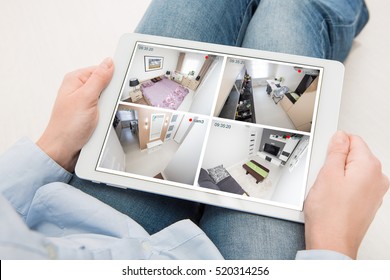 Home Camera Cctv Monitoring Monitor Smart House Video System Hand Exterior Closeup Concept - Stock Image