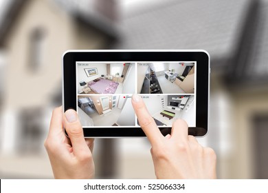 Home Camera Cctv Monitoring Monitor Smart House Video System Hand Exterior Closeup Concept - Stock Image