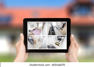 Home Camera Cctv Monitoring Monitor Smart House Video System Hand Exterior Closeup Concept - Stock Image