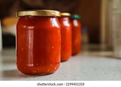 Home Canning Of Tomato Red Salsa. Home Bottling Of Vegetables For Adjika.  Preserving Foods In A Pressure Canners.