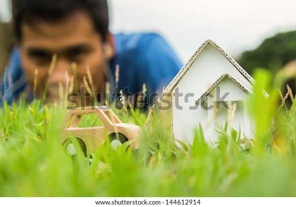 Home and car
artificial on the green
grass.