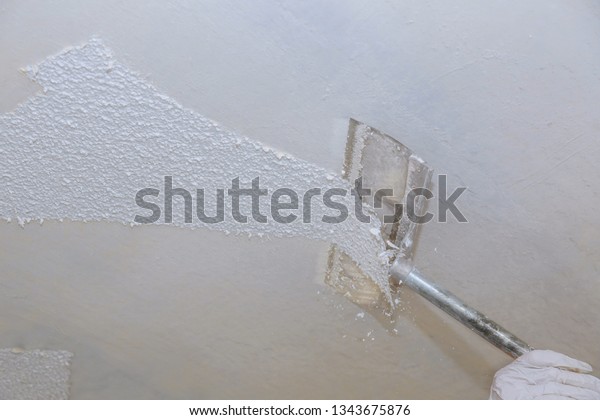 Home Ceiling Drywall Demolition Popcorn Ceiling Stock Photo