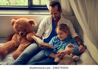 Home, child and dad with book for reading story, bonding together and connection with fantasy. Bed, father and daughter to listen to storytelling, education and curious girl for cognitive development - Powered by Shutterstock