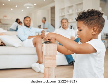 Home, child and playful with wooden blocks for building, game and childhood development in living room. Dad, grandpa and little boy with shock emoji for expression, surprise and toys in family house - Powered by Shutterstock