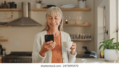 Home, coffee and senior woman with phone for online, communication and learning with beverage. House, smile and elderly person with smartphone for internet media, information and reading morning news - Powered by Shutterstock