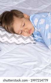 Home, Comfort, Childhood, Insomnia, Sleeplessness, Sweet Dream- Little Sad Authentic Toddler Sibling Kid Child Boy In Pajamas Lie Rest Cant Sleep On Bed Pillows With Open Eyes Soft Cozy Sleepy Mood