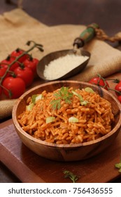 Home Cooked Spanish Rice Served In A Wooden Bowl, Selective Focus