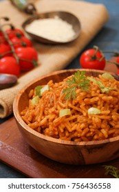 Home Cooked Spanish Rice Served In A Wooden Bowl, Selective Focus