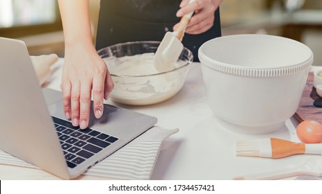 Home Cooking By Online Learning For Process Of Cookery Homemade Sweet Dessert. Stay Home And Social Connect Concept. New Normal And Life After COVID-19.