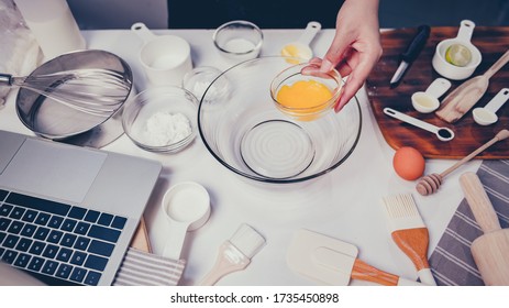 Home Cooking By Online Learning For Process Of Cookery Homemade Sweet Dessert. Stay Home And Social Connect Concept. New Normal And Life After COVID-19.