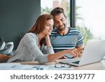 Home, couple and laptop for finance, budget and planning for income, investment and research for life insurance. People, apartment or man with woman, computer and conversation for accounting or email