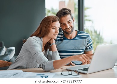 Home, couple and laptop for finance, budget and planning for income, investment and research for life insurance. People, apartment or man with woman, computer and conversation for accounting or email - Powered by Shutterstock