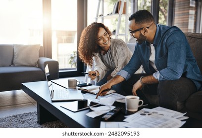 Home, couple and paperwork for finances, laptop or planning for budget, investment portfolio or application for insurance. Accounting, man or woman with pc or review savings with documents for taxes - Powered by Shutterstock