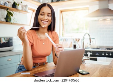 Home Covid Test, Woman At Table Check Healthcare And Digital Innovation Technology. Online Telehealth Patient With Medical Pcr Kit In Hand, Happy Smile With Rapid Antigen And Corona Virus Infection