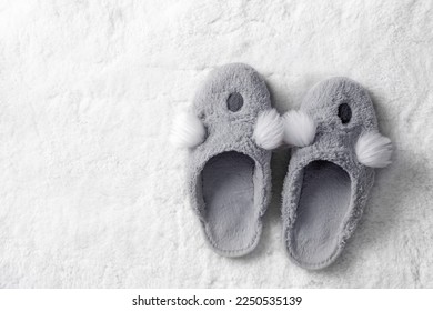 Home cozy gray slippers on a white carpet, top view