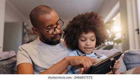 Home, dad and boy with tablet on sofa on educational games for learning and entertainment. People, parent and kid on couch in living room with smile for ebooks and streaming platform for cartoons - Powered by Shutterstock