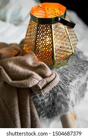 Home Deco Indoor With Candle Holder And Cozy Cashmere Cardigan,cozy Winter Interior Details