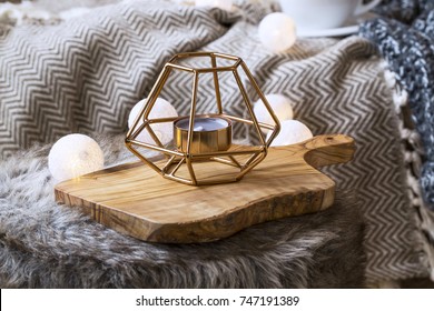 Home Deco Indoor With Candle Holder And Light Bulbs, Cozy Blanket And Faux Fur,cozy Winter Interior Details 