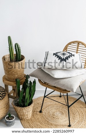 home decor in interior with bohemian style, stack of cushions with pattern on rattan chair, houseplants in wicker pots and round rug