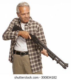 HOME DEFENSE | Mature Adult With Shotgun Or Firearm, Looking Serious.