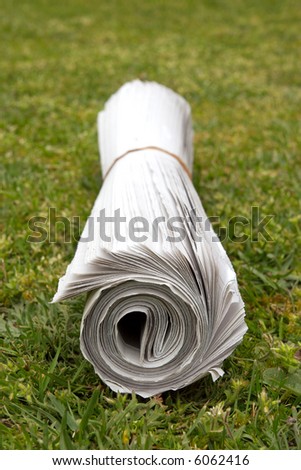 A home delivered newspaper on the lawn, focus on end.