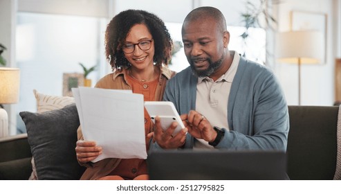 Home, documents and senior couple with laptop, calculator and financial planning. Apartment, man and woman with paperwork, budget and retirement fund with internet, connection and taxes in lounge - Powered by Shutterstock