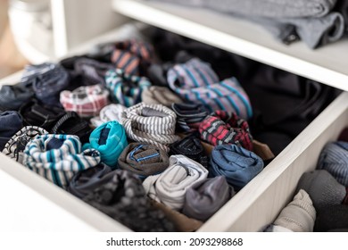 Home Drawer Box With Organized Folded Underwear Lingerie KonMari Marie Kondo Vertical Storage Method. Sorted Many Different Undergarments Pants And Socks At Bedroom Dresser